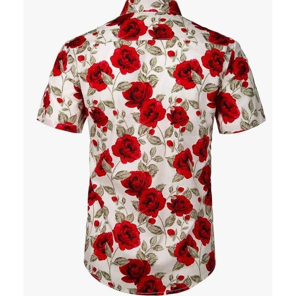 JOGAL Men's Red Rose Short Sleeve Casual Button Down 100% Cotton‎ Shirt Sz XXL - Picture 3 of 11